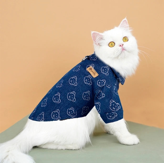 1pc  Pet dog fashionable traction denim shirt，Small and medium-sized pet denim shirt