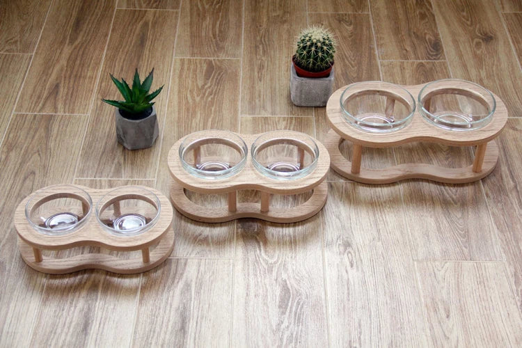 Pet Supplies Elevated Feeding Water Food Non Spill Dog and Cat Bowls Feeders with Wooden Stand