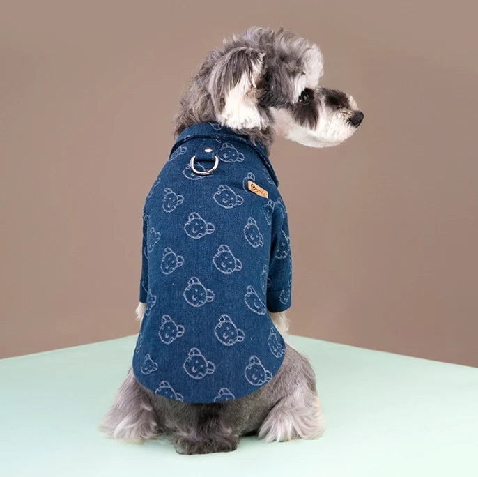 1pc  Pet dog fashionable traction denim shirt，Small and medium-sized pet denim shirt