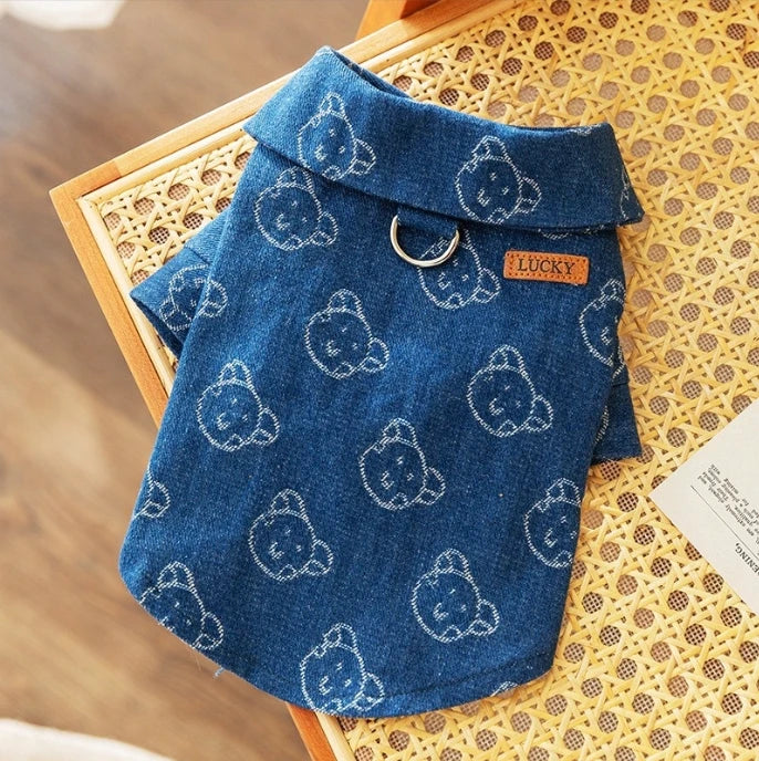 1pc  Pet dog fashionable traction denim shirt，Small and medium-sized pet denim shirt